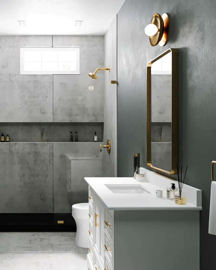 Argyle bathroom remodel idea: walk-in shower in concrete-look tile with a long niche and brass