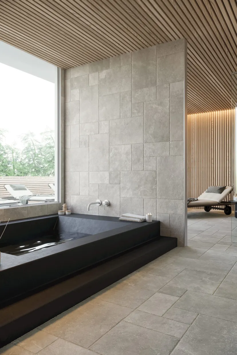 Bedford bathroom remodel idea: black stone soaking tub set into a gray stone wall