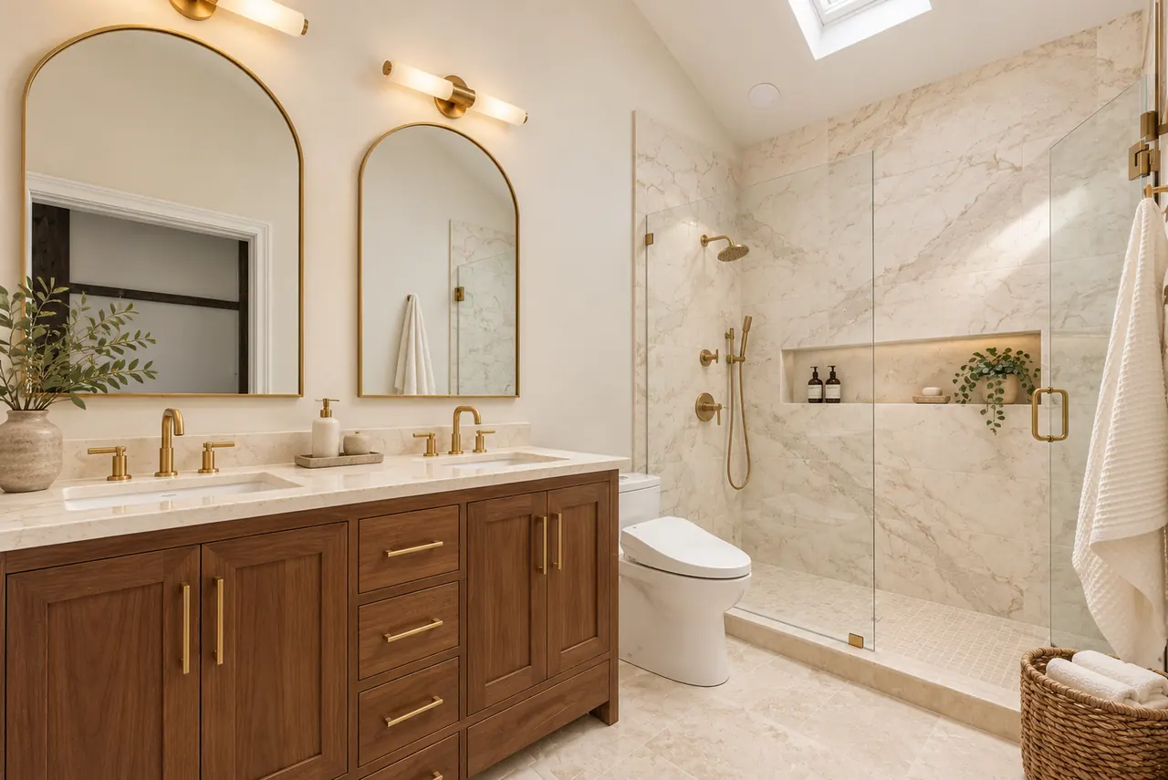 Coppell bathroom remodel idea: tub to shower conversion, a marble walk-in shower beside a walnut vanity