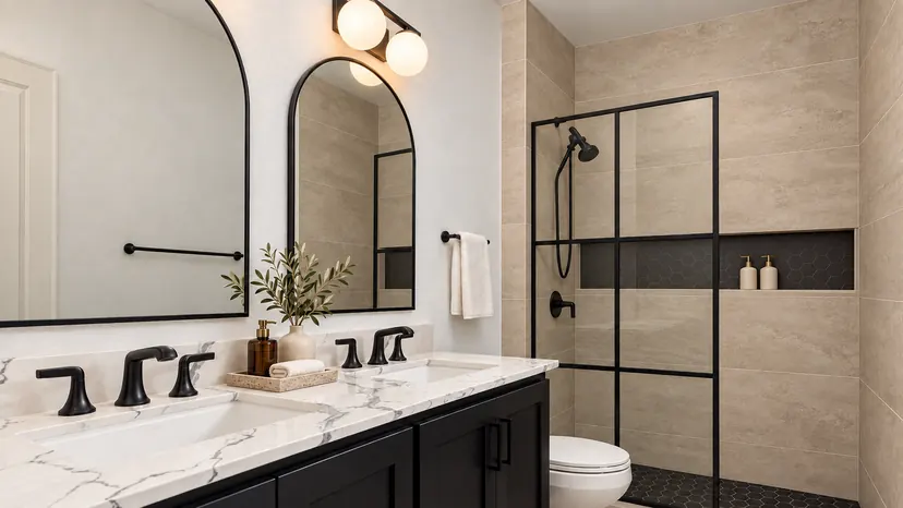 Fairview bathroom remodel idea: guest bathroom with a black double vanity, arched mirrors and grid glass