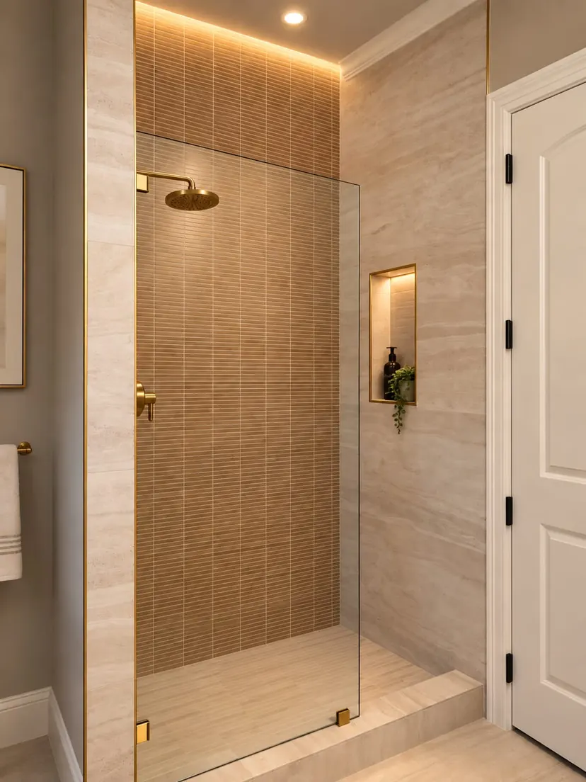 Guest bathroom remodel by Nomi with a frameless glass walk-in shower, brushed gold fixtures, and a lit niche