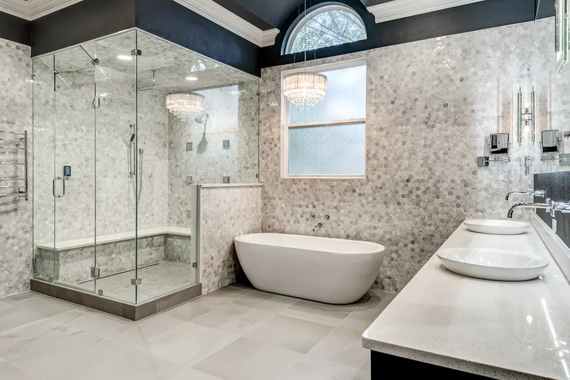 Lucas bathroom remodel idea: steam shower in a glass enclosure beside a freestanding tub
