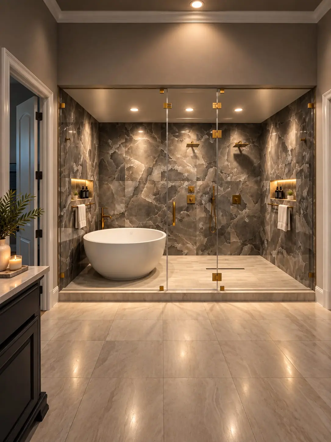 Glass wet room enclosed to the ceiling, with a freestanding tub, gray stone walls and brass fixtures