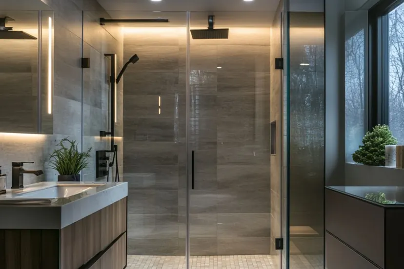 Southlake bathroom remodel idea: frameless glass shower in gray stone tile with a rain shower head