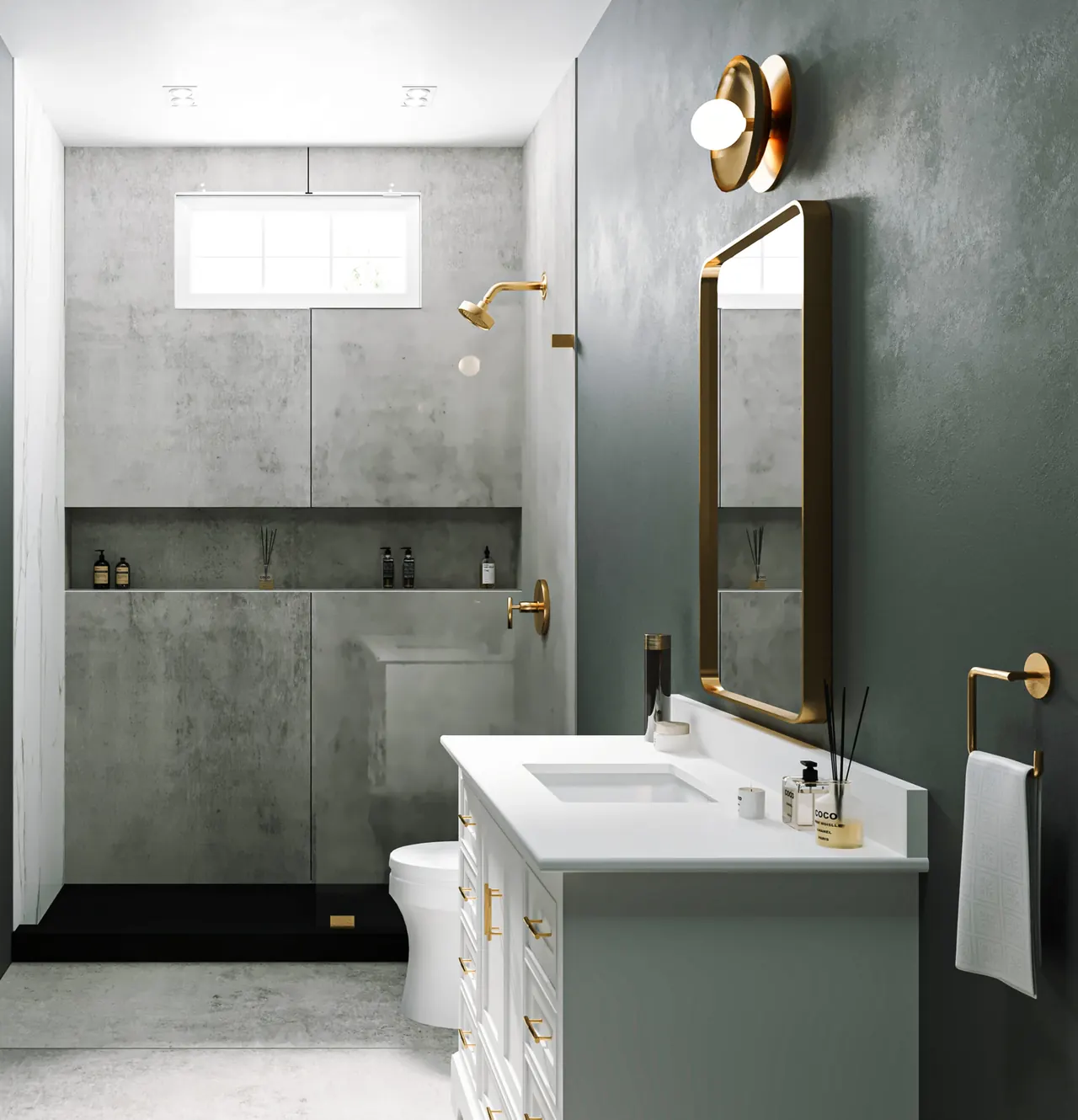 Tub to shower conversion by Nomi with groutless Dekton walls, a black shower base, and brass fixtures