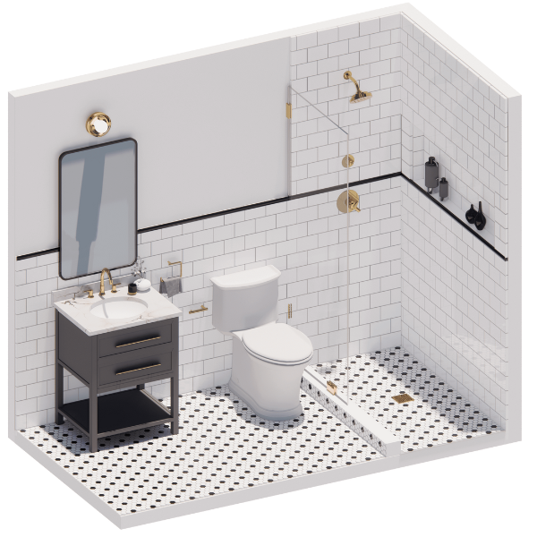 3D render of a modern bathroom design with a walk-in shower, subway tiles, gold fixtures, and black and white flooring.
